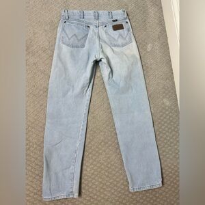 Sz 31 x 32 Wrangler vintage straight jeans light wash broken in workwear spots